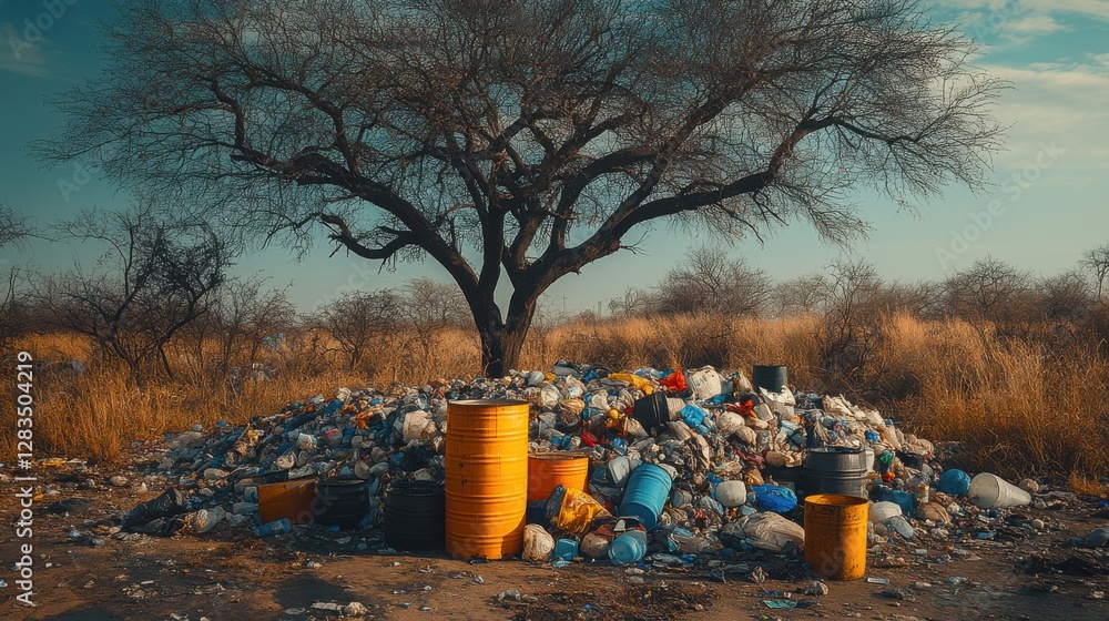 Fototapeta premium Garbage pile under a bare tree in an open field during the afternoon light