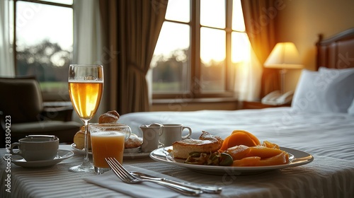 Luxurious hotel room breakfast served on bed photo