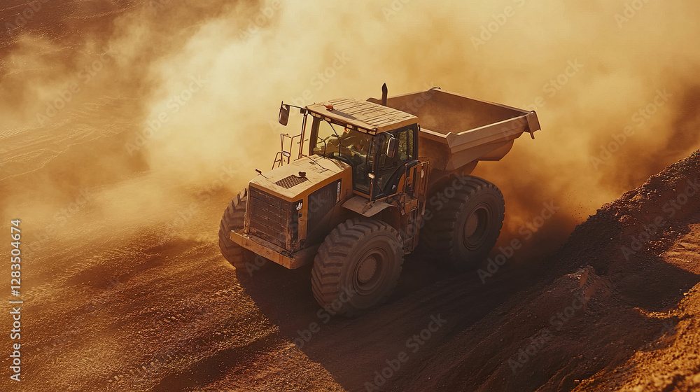 wheel loader unloads gravel, creating cloud of fine dust wheel loader unloads gravel, creating cloud of fine dust