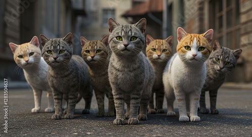 Group of Cats Standing Together in Alleyway Looking at Camera