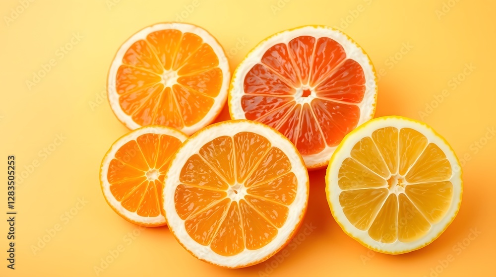 sliced citrus fruitsorange, grapefruit, lemon on a yellow to orange gradient background