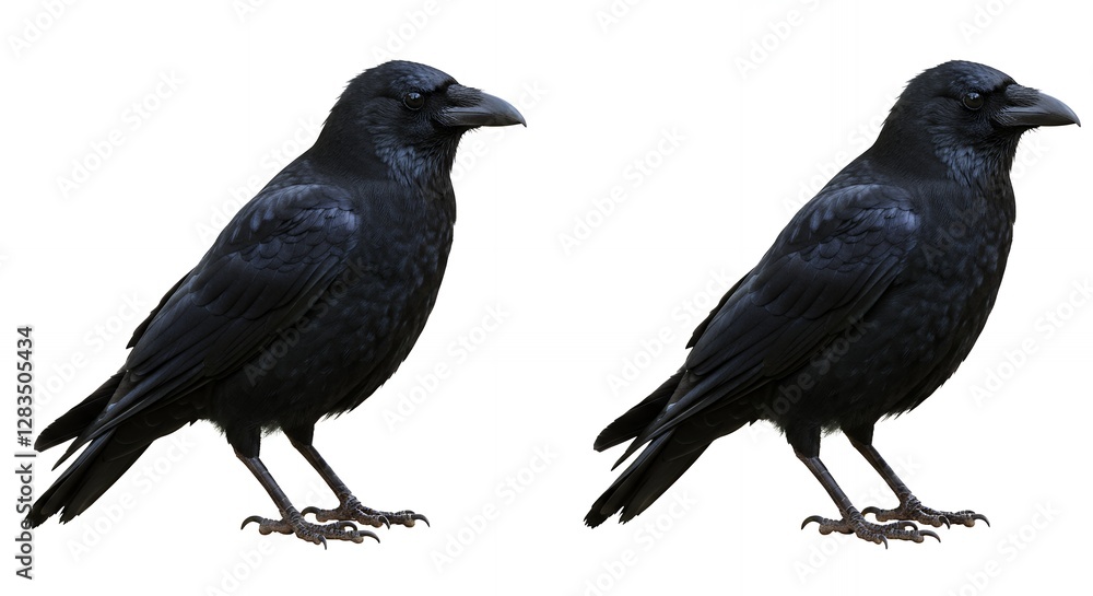 Fototapeta premium Two dark crows stand alert against a white background