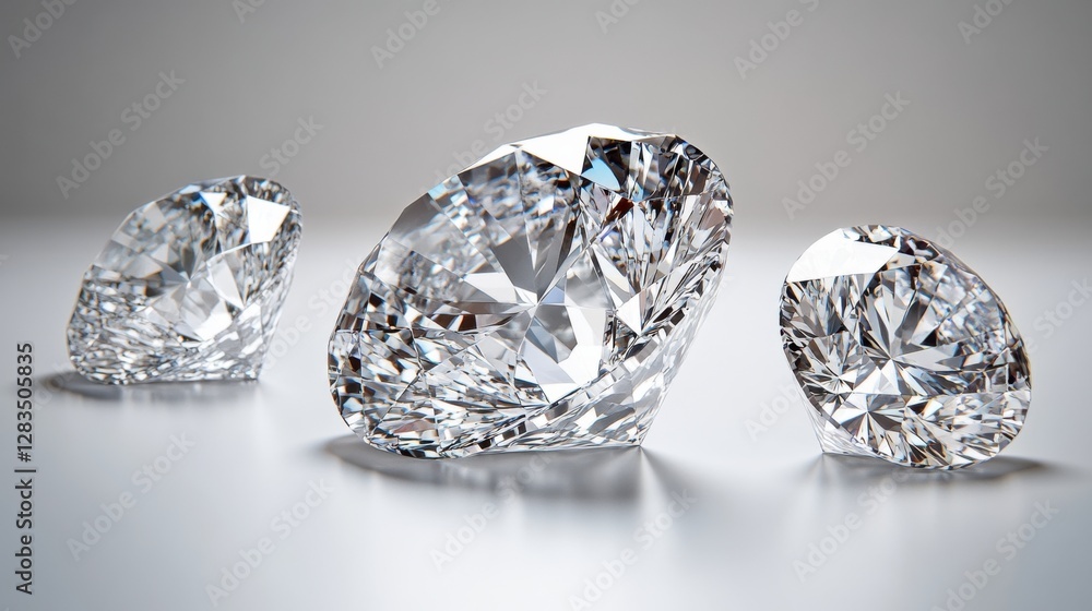 Brightly cut diamonds of various sizes placed elegantly on a smooth surface reflecting light gracefully Brightly cut diamonds of various sizes placed elegantly on a smooth surface reflecting light gracefully