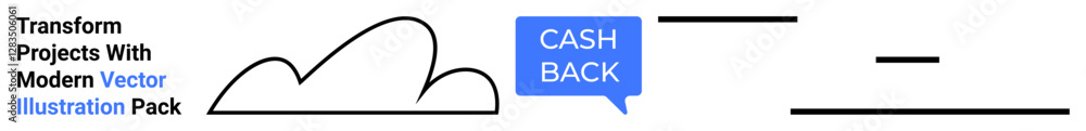 Cloud outline with blue speech bubble reading cash back and thin black lines for minimal design. Ideal for finance, customer rewards, technology services, online shopping, app UI, banners, flat Cloud outline with blue speech bubble reading cash back and thin black lines for minimal design. Ideal for finance, customer rewards, technology services, online shopping, app UI, banners, flat