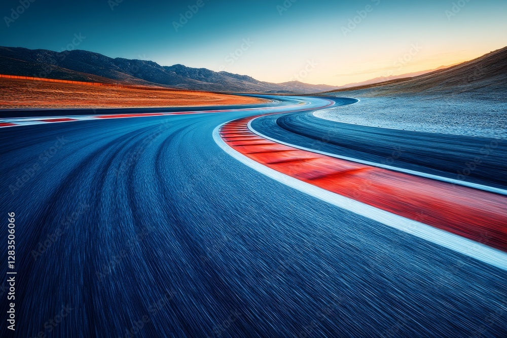 Naklejka premium Winding race track under a vibrant sunset with mountains in the background