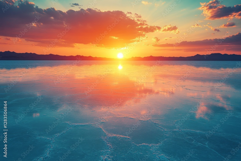 Obraz premium Stunning sunset over a vast salt flat with vibrant colors reflecting on the water