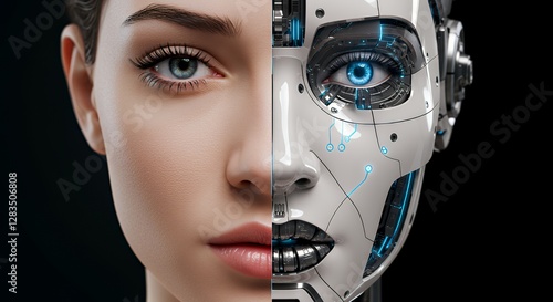 Human Face and Cyborg Face Composite Image Showing Contrast