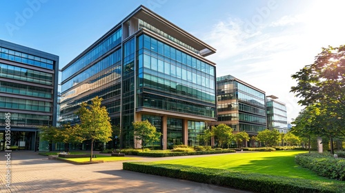 Modern office buildings, sunny urban park, commercial district, business center photo