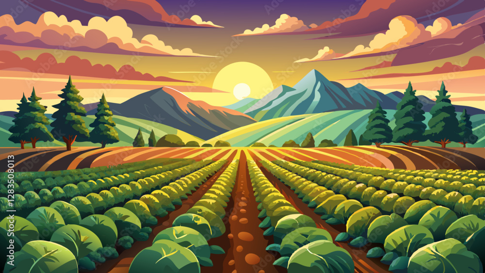 Fototapeta premium UK, Scotland, Potato field atsummer sunset