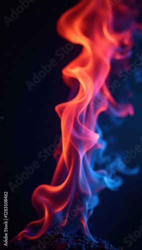 Flickering flames on black background with red and blue hues dancing together, dark background, dancing, abstract