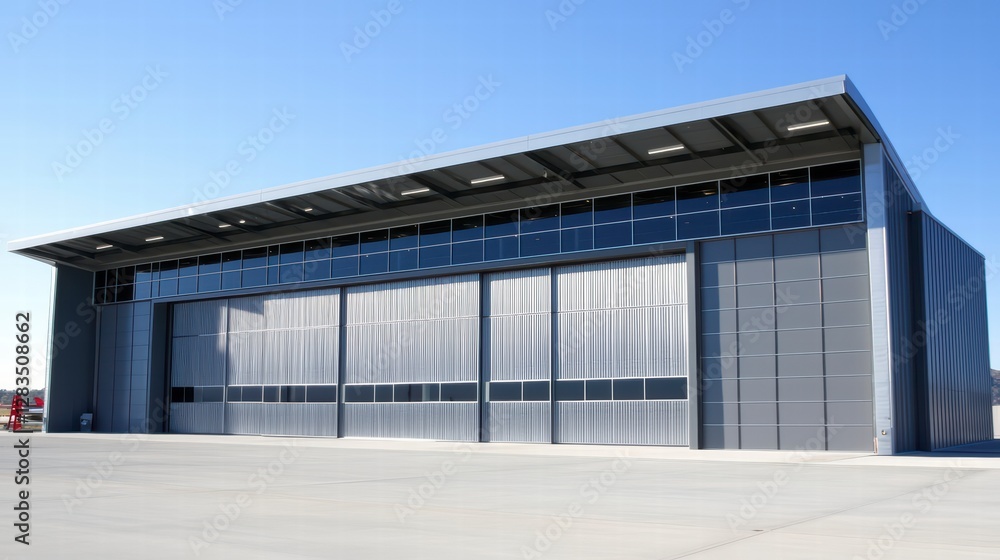 Modern Aircraft Hangar: Capturing the sleek lines and functional design of a modern aircraft hangar under a clear, azure sky, a symbol of industry and engineering excellence. Modern Aircraft Hangar: Capturing the sleek lines and functional design of a modern aircraft hangar under a clear, azure sky, a symbol of industry and engineering excellence.