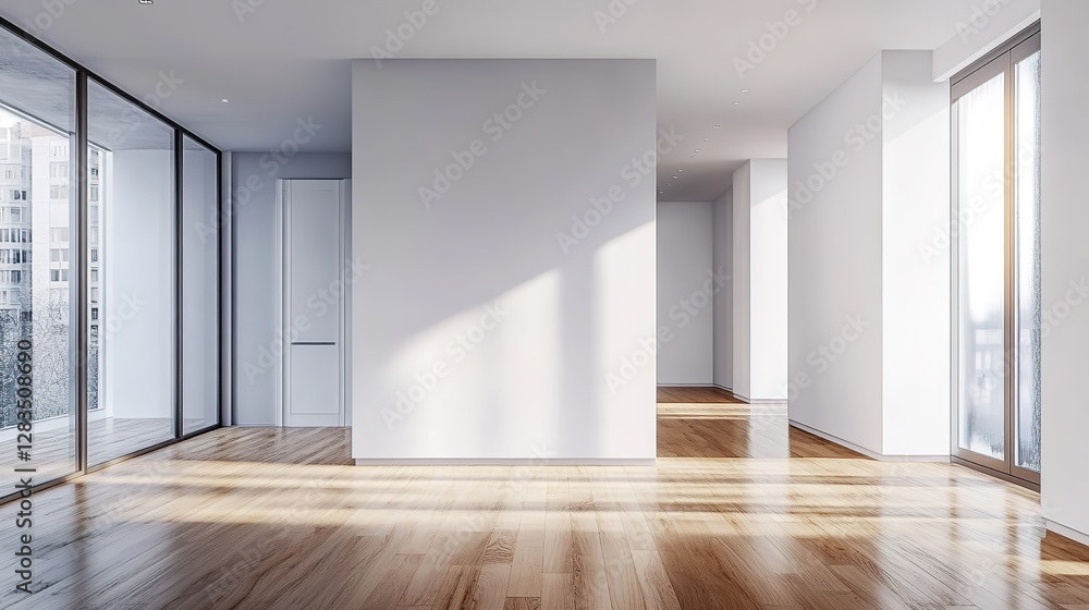 Fototapeta premium Minimalist living room with white walls and wood floor, empty space, natural ambient light