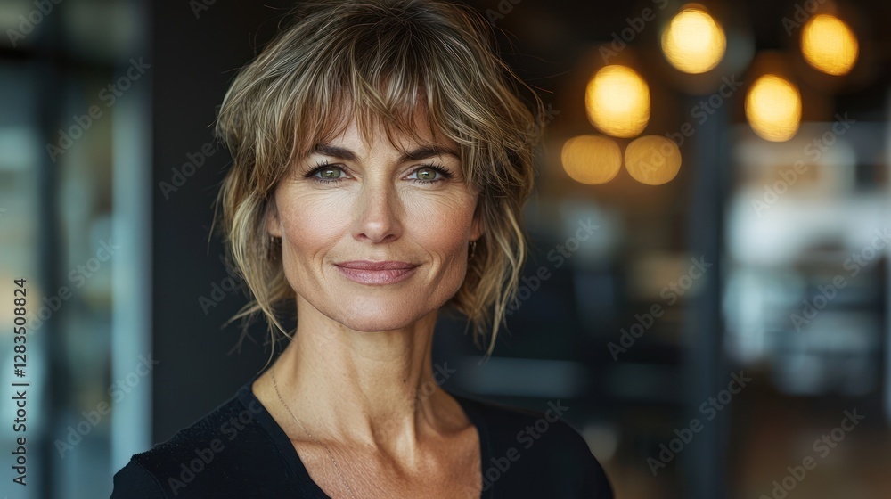 Confident woman smiling, office bokeh, portrait, headshot Confident woman smiling, office bokeh, portrait, headshot