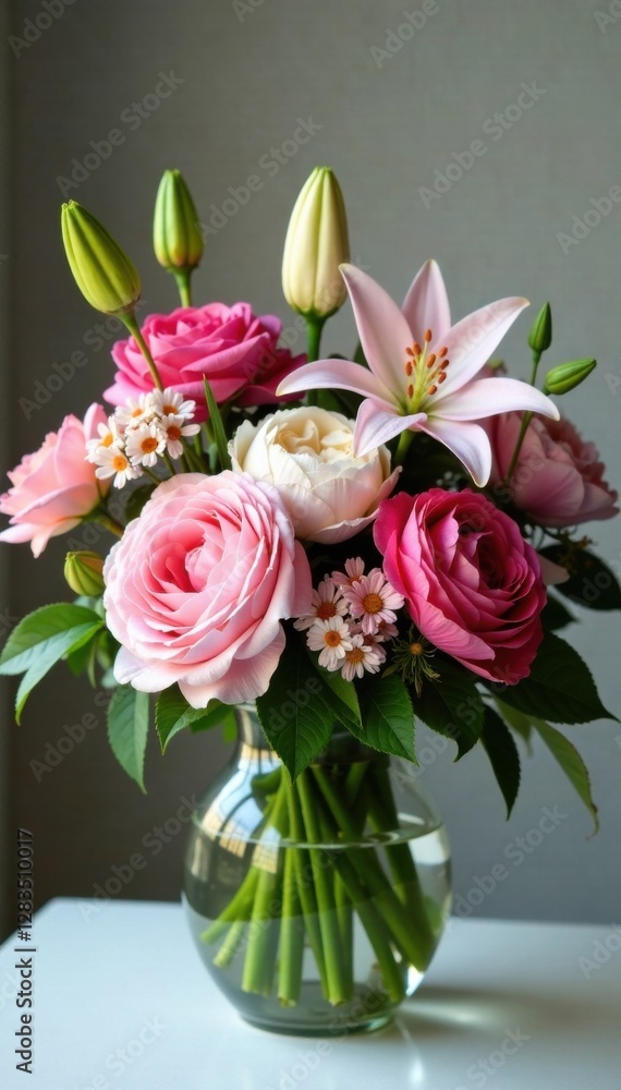 custom made wallpaper toronto digitalFloral arrangement with roses, peonies, and lilies in a glass vase, surrounded by lush greenery , lily, garden, decor
