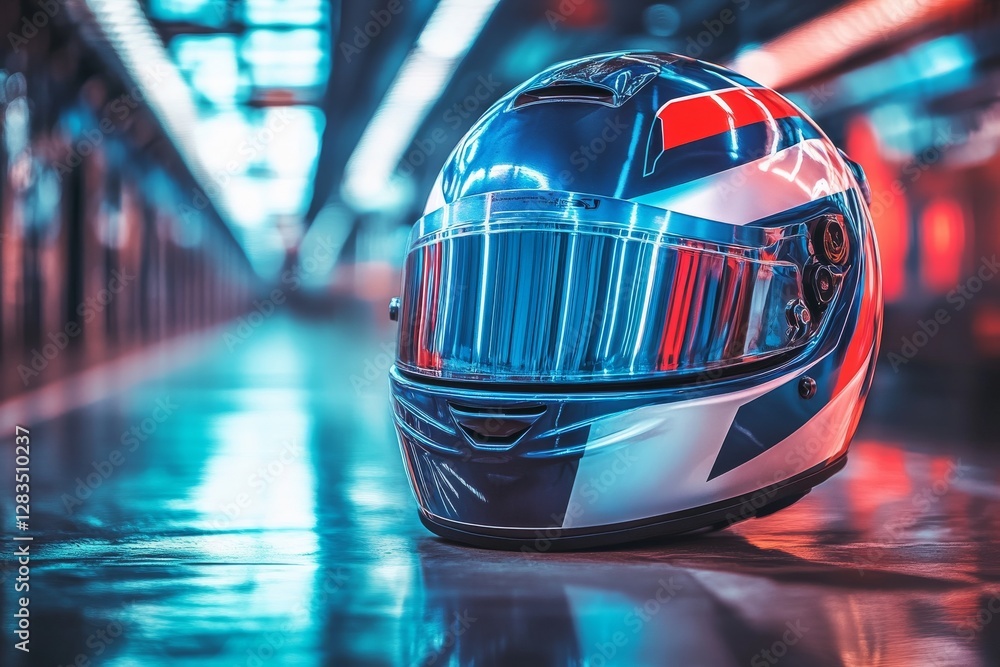 Fototapeta premium Racing helmet placed on smooth floor in a brightly lit corridor at a motorsport facility during an event