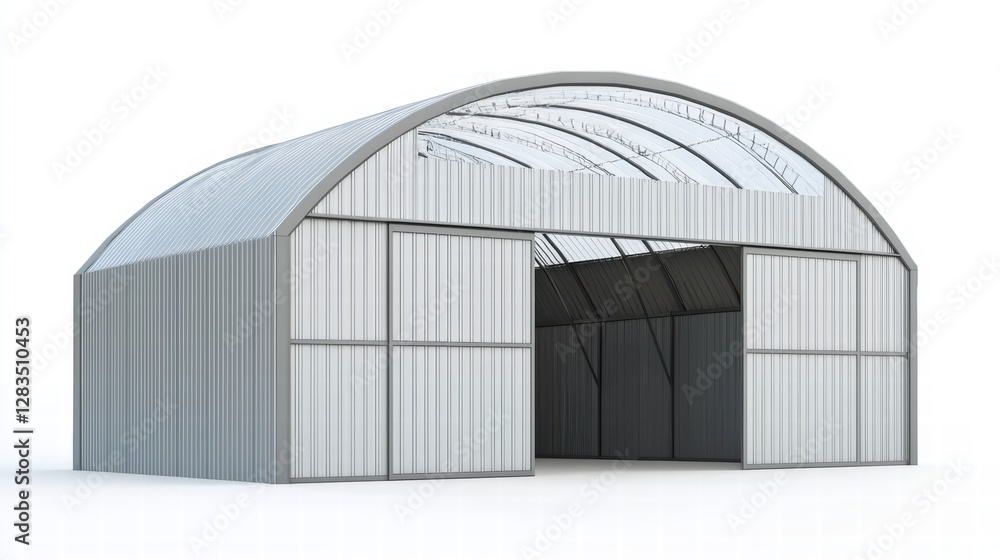 Industrial Arch Structure: A modern industrial warehouse building with a curved roof arch, the structure features a large open entrance, perfect for storage and logistic operations. Industrial Arch Structure: A modern industrial warehouse building with a curved roof arch, the structure features a large open entrance, perfect for storage and logistic operations.