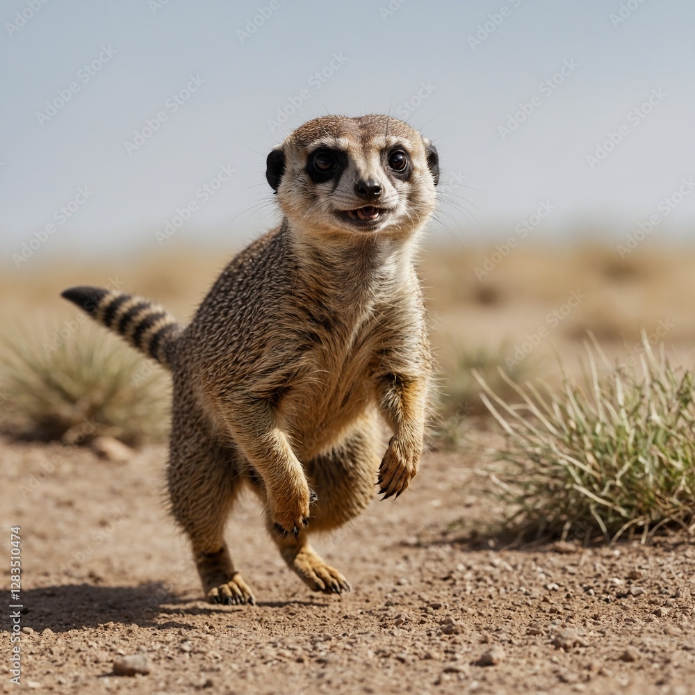 Fototapeta premium A meerkat mid-sprint, dynamically posed as if running fast, on a white background.