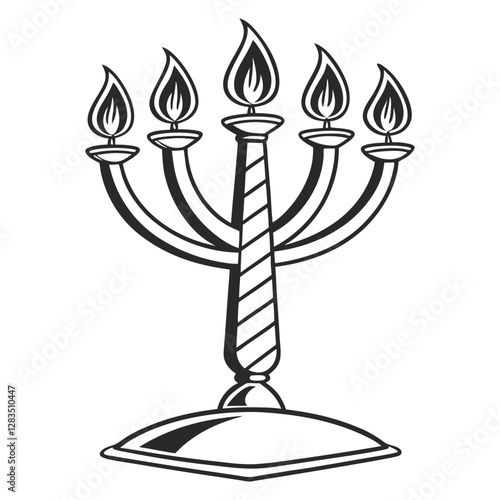 A black and white illustration of a five-branched candelabrum with lit flames, resembling a menorah. The central branch is taller, and the base is rounded, making it a classic and elegant design.