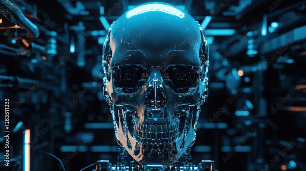 Heavy metal dreams / 3D illustration of science fiction scary robotic skull artificial intelligence hardwired to computer core -- Heavy metal dreams / 3D illustration of science fiction scary robotic skull artificial intelligence hardwired to computer core --