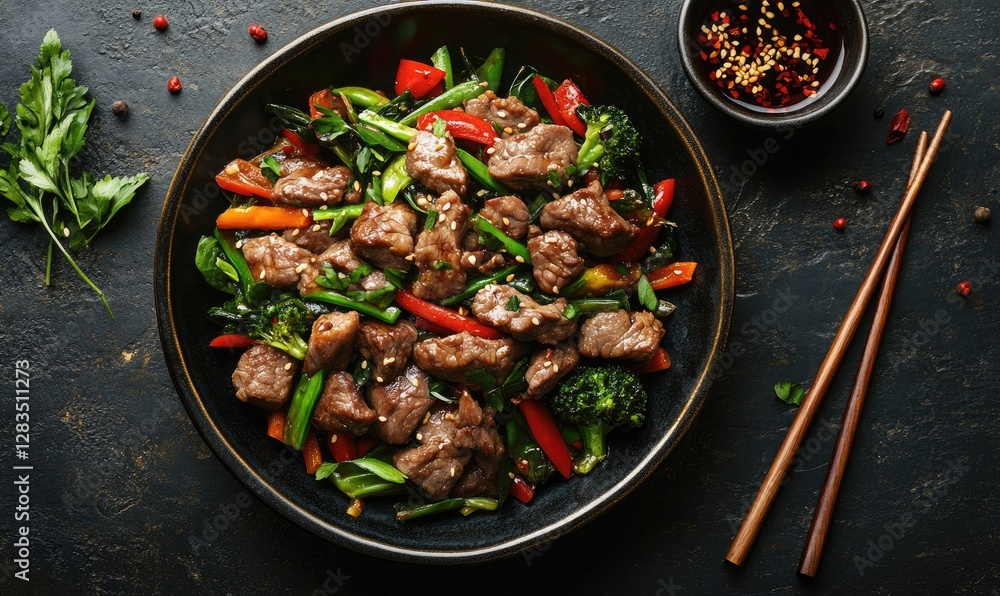 Beef stir-fry with vegetables, overhead shot Beef stir-fry with vegetables, overhead shot