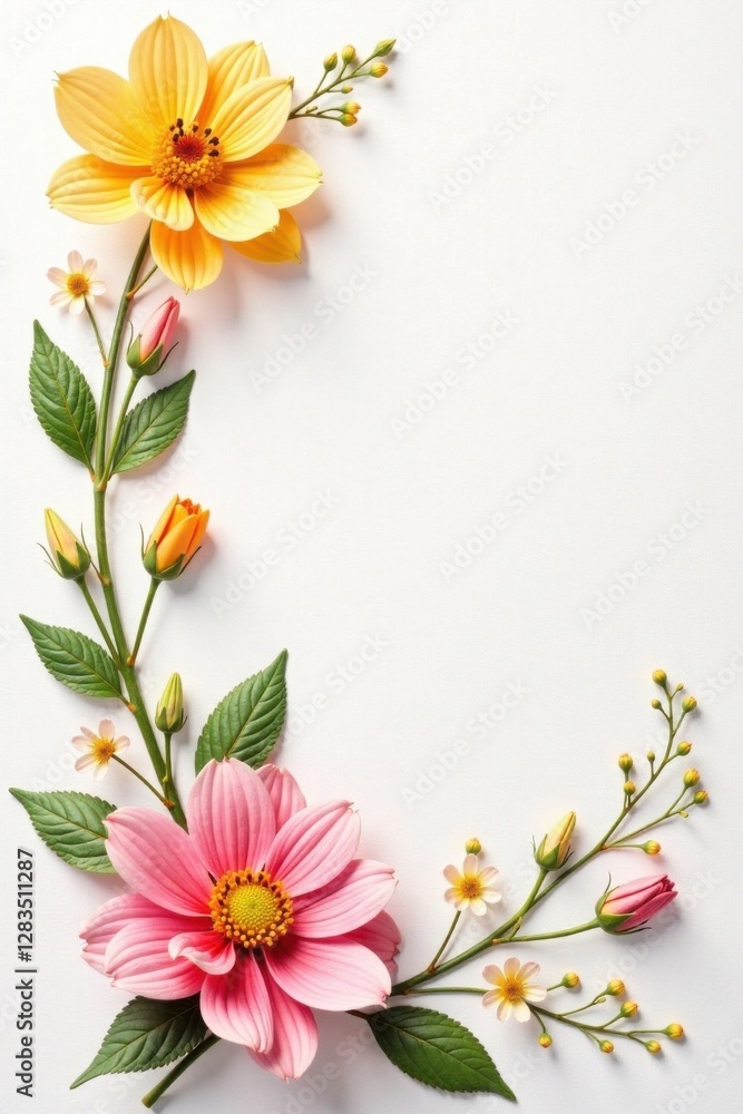 Floral design with soft pink and yellow hues on a white canvas, soft pastels, delicate petals, white background Floral design with soft pink and yellow hues on a white canvas, soft pastels, delicate petals, white background
