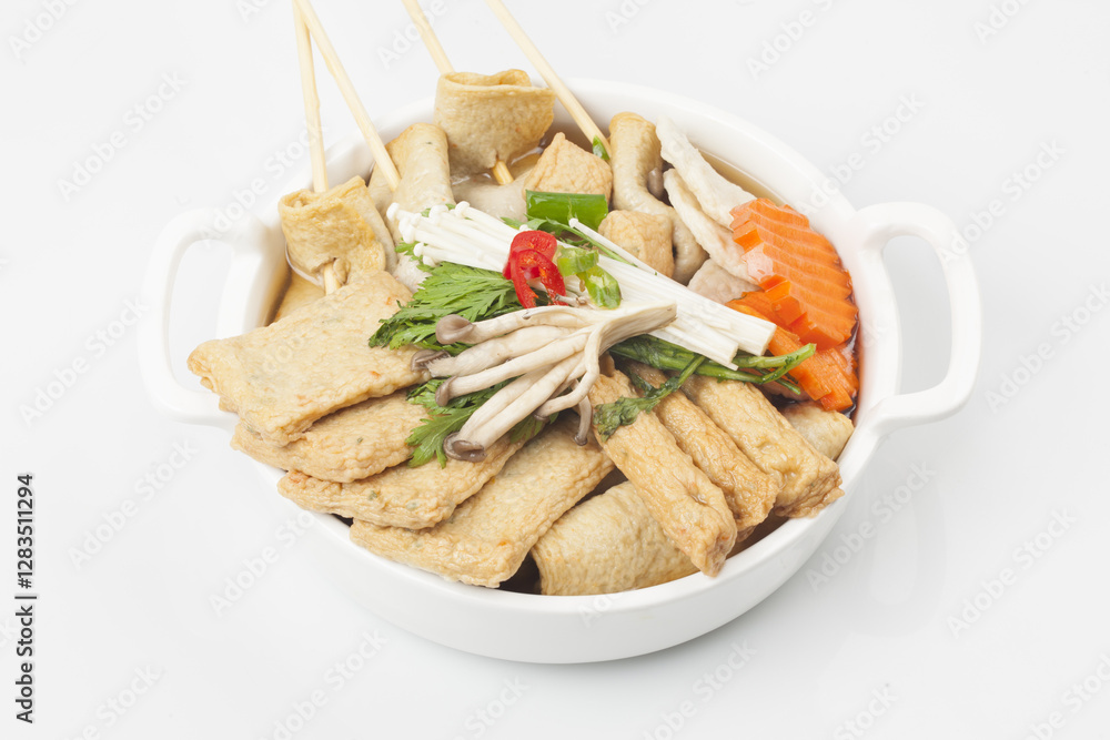 Fish cake soup is a food made by crushing fish flesh, adding additional ingredients such as salt, and cooking it to coagulate it. Fish cake soup is a food made by crushing fish flesh, adding additional ingredients such as salt, and cooking it to coagulate it.