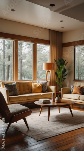 Mid Century Living Room with Ethnic Charm Featuring Wooden Furniture Colorful Accents and Tropical Plants Earth Tone Modern Interior design inspiration