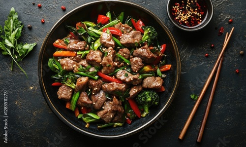 Beef stir-fry with vegetables, overhead shot
