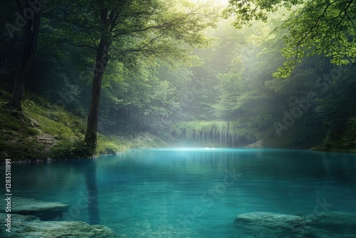 Tranquil forest lake reflecting light under soft morning mist in a serene natural setting