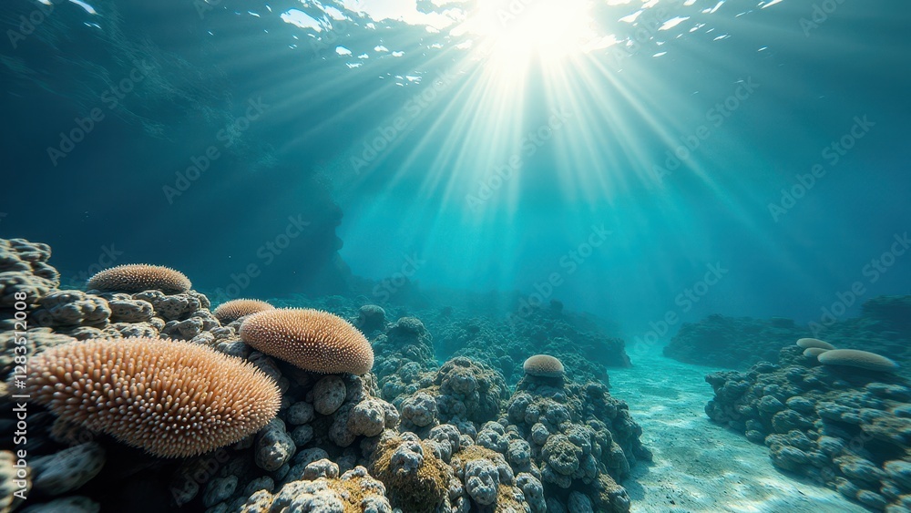 Fototapeta premium Underwater view of a coral reef affected by bleaching with sun rays filtering through the ocean water 