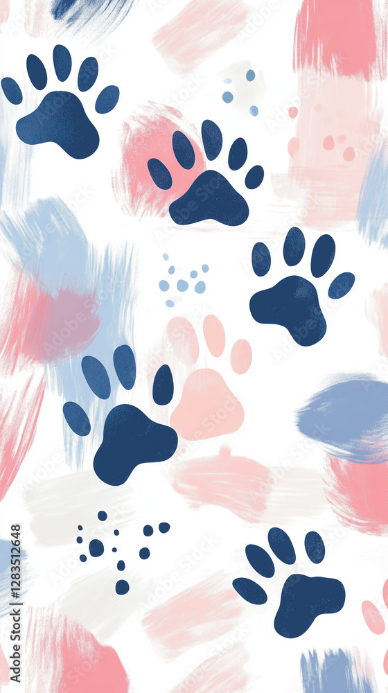 Fototapeta premium Soft paw-print motifs in pastel colors on clean abstract patterns. Appeals to pet lovers and vet clinics 