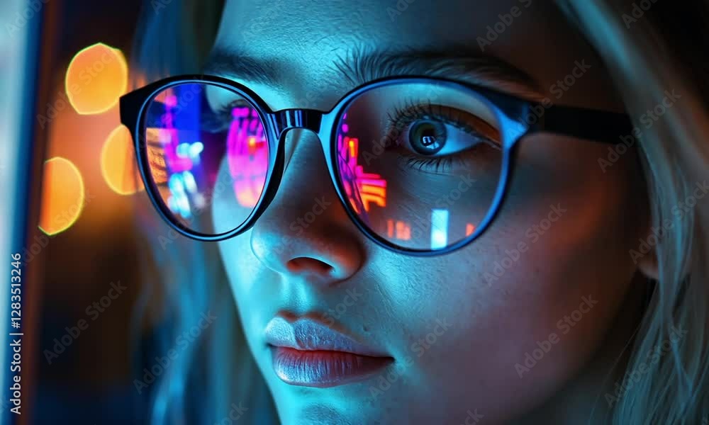 Cyberpunk Girl: Neon Lights Reflecting in Glasses Cyberpunk Girl: Neon Lights Reflecting in Glasses