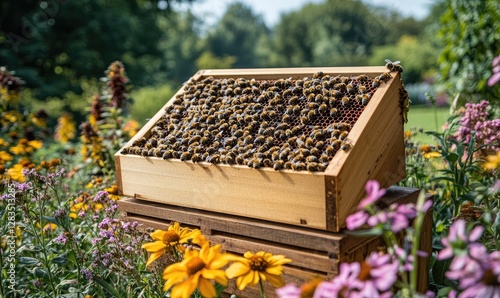 Bees swarming on hive in garden