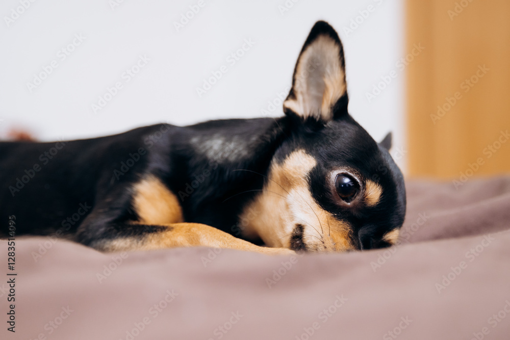 Beautiful dog lying on the couch. Cute chihuahua playing Beautiful dog lying on the couch. Cute chihuahua playing