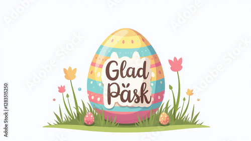 colorful easter egg happy bunny lettering glad påsk cartoon style vector illustration isolated bright white