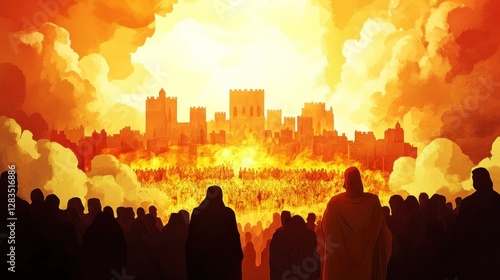 Illustration revelation of Jesus Christ, new testament, religion of christianity, heaven and hell over the crowd of people, Jerusalem of the bible --