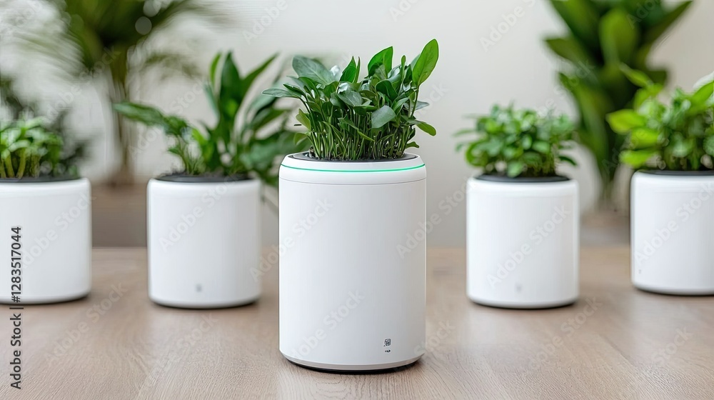Obraz premium A modern indoor setting showcasing white planters with lush green plants, adding a touch of nature to the minimalist decor.