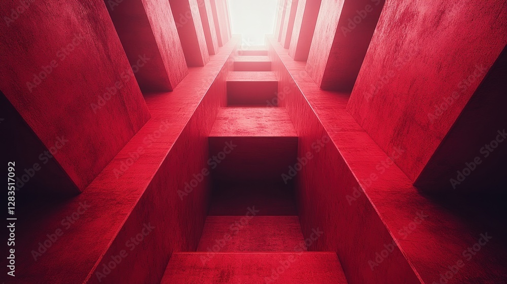 Fototapeta premium Red concrete interior, upward perspective, light source, architectural structure