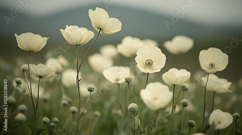 White poppies field, serene landscape, nature background, peaceful scene, website header