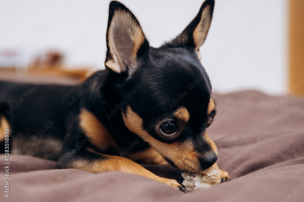 Beautiful dog lying on the couch. Cute chihuahua playing Beautiful dog lying on the couch. Cute chihuahua playing