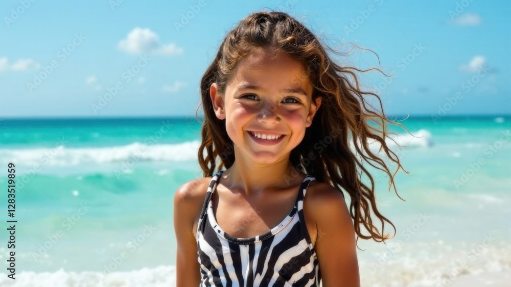 Smiling young caucasian female child at beach with wavy hair in striped swimsuit. Zebra print swimwear Smiling young caucasian female child at beach with wavy hair in striped swimsuit. Zebra print swimwear