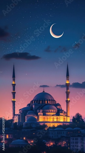 Islamic vertical photo. Suleymaniye Mosque with crescent moon. Ramadan or laylat al-qadr or kadir gecesi concept vertical photo. --