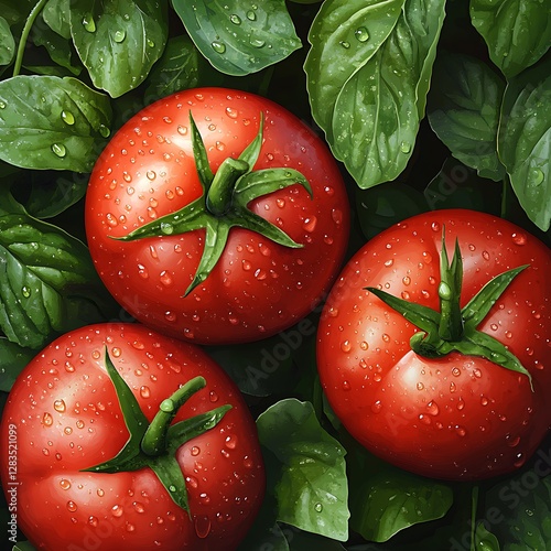 Vibrant Ripe Red Tomatoes and Fresh Green Leaves with Water Drops