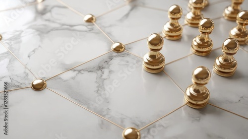 Golden chess pawns network connecting on marble surface