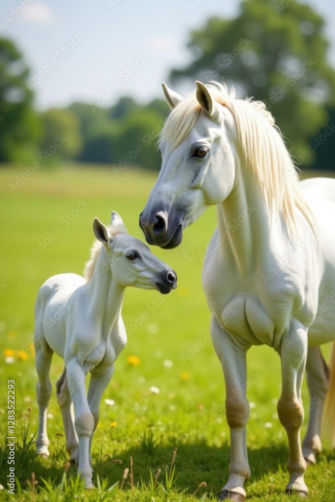 Foal nuzzling the neck of a beautiful white unicorn mare in a sunny field, field, equine, unicorn Foal nuzzling the neck of a beautiful white unicorn mare in a sunny field, field, equine, unicorn