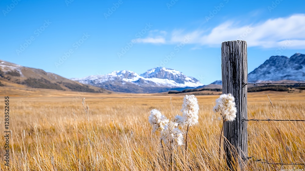 Fototapeta premium Autumnal mountain valley landscape, plants by fence