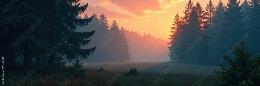 Fototapeta premium Foggy forest at dusk, warm light filtering through fir trees, misty landscape, forest, dusk