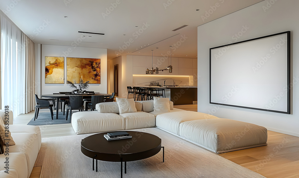 modern living room interior design with a white blank wall mockup frame on the wooden floor and a light beige sofa, black coffee table, and dining area in the background modern living room interior design with a white blank wall mockup frame on the wooden floor and a light beige sofa, black coffee table, and dining area in the background