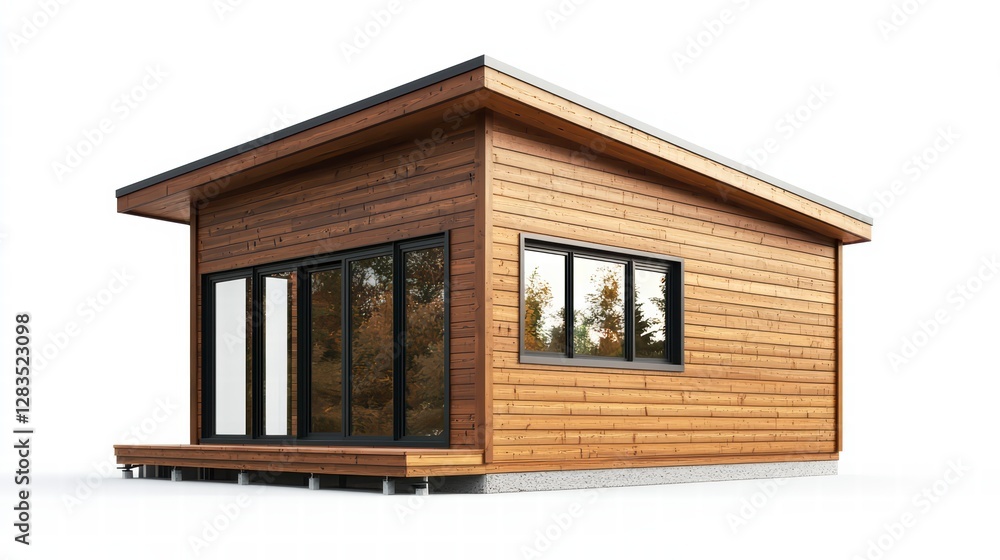 Modern Cabin Retreat: A sleek, modern cabin with natural wood siding and large windows offers a sense of tranquility and connection with nature, suggesting a perfect getaway. Modern Cabin Retreat: A sleek, modern cabin with natural wood siding and large windows offers a sense of tranquility and connection with nature, suggesting a perfect getaway.
