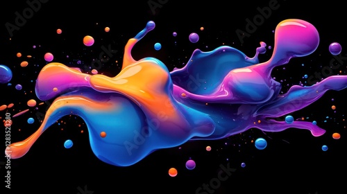 Colorful paint splash on black background with droplets